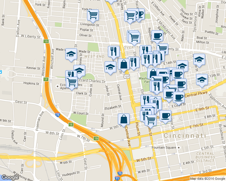 map of restaurants, bars, coffee shops, grocery stores, and more near 415 Hopkins Street in Cincinnati