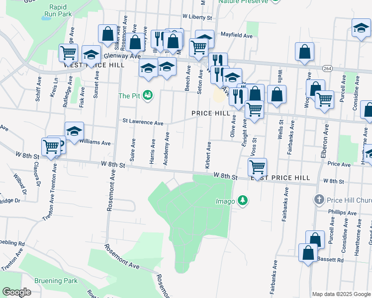 map of restaurants, bars, coffee shops, grocery stores, and more near 836 Beech Avenue in Cincinnati