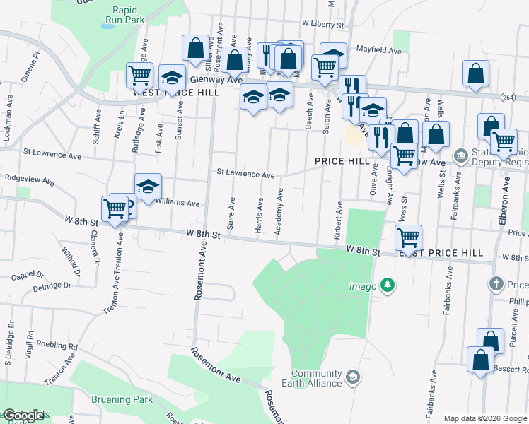 map of restaurants, bars, coffee shops, grocery stores, and more near 835 Harris Avenue in Cincinnati