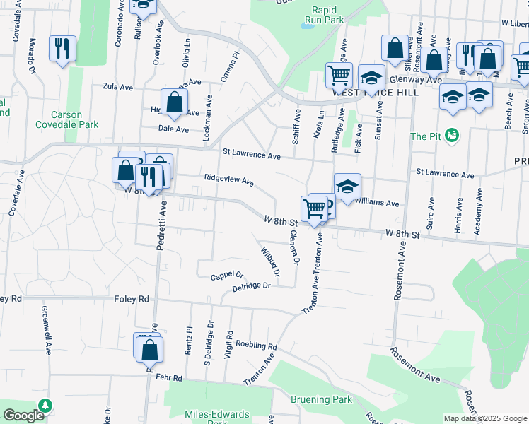 map of restaurants, bars, coffee shops, grocery stores, and more near 4312 West 8th Street in Cincinnati