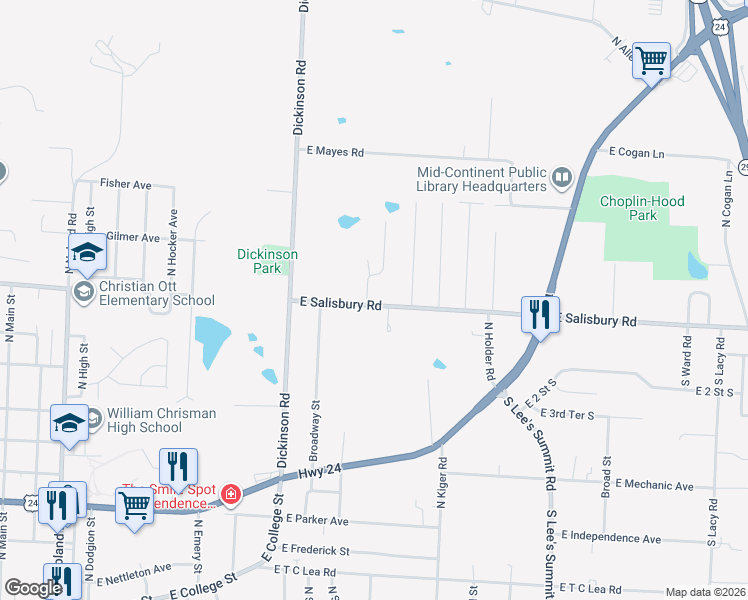 map of restaurants, bars, coffee shops, grocery stores, and more near 1204 East Salisbury Road in Independence