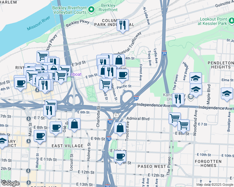 map of restaurants, bars, coffee shops, grocery stores, and more near 571 Harrison Street in Kansas City