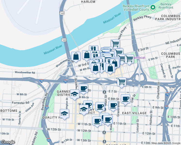 map of restaurants, bars, coffee shops, grocery stores, and more near 200 West 5th Street in Kansas City