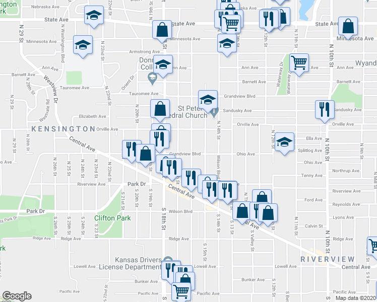 map of restaurants, bars, coffee shops, grocery stores, and more near 301 North 16 Street in Kansas City