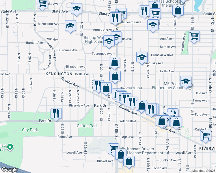 map of restaurants, bars, coffee shops, grocery stores, and more near 1812 Grandview Boulevard in Kansas City