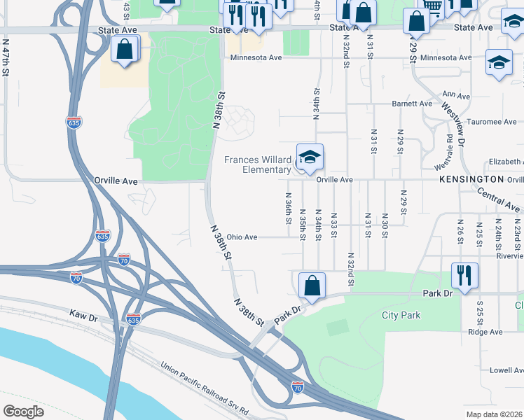 map of restaurants, bars, coffee shops, grocery stores, and more near 3636 Ohio Avenue in Kansas City
