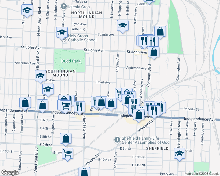map of restaurants, bars, coffee shops, grocery stores, and more near 415 Lawndale Avenue in Kansas City