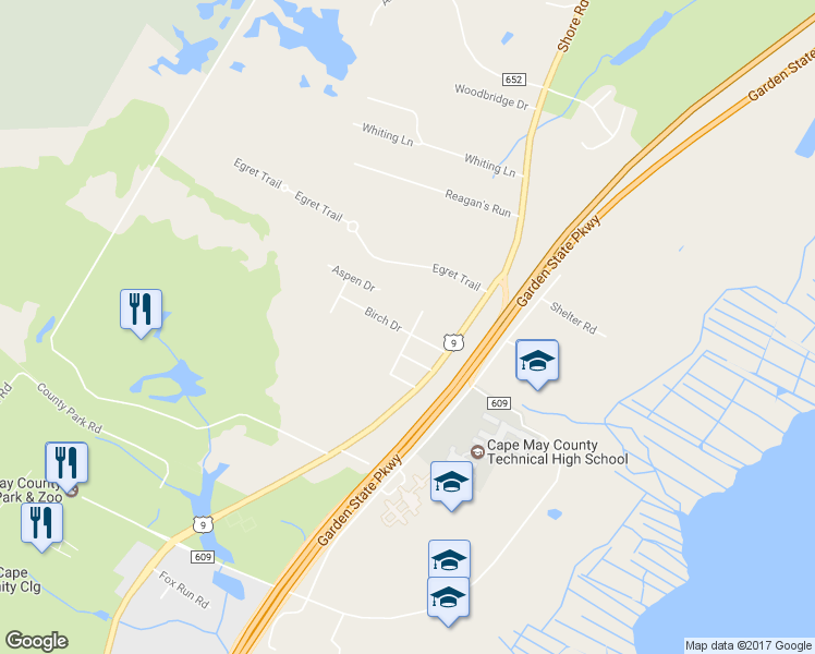map of restaurants, bars, coffee shops, grocery stores, and more near 112 Birch Drive in Cape May County