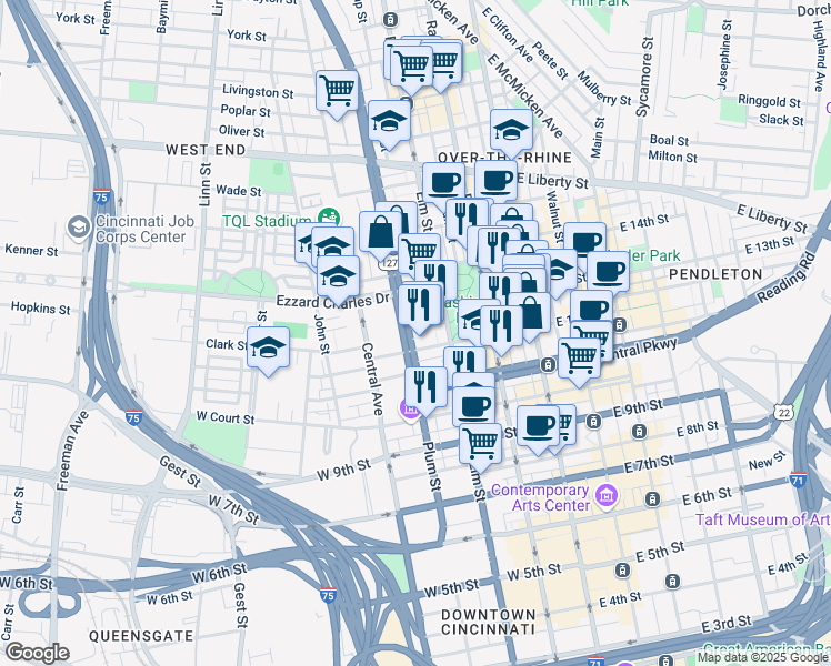 map of restaurants, bars, coffee shops, grocery stores, and more near 218 West 12th Street in Cincinnati