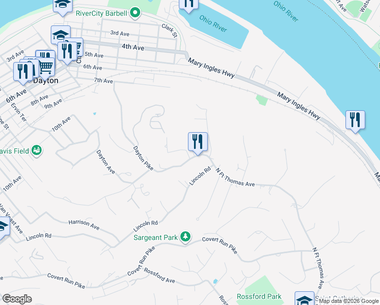 map of restaurants, bars, coffee shops, grocery stores, and more near 650 Dayton Pike in Dayton