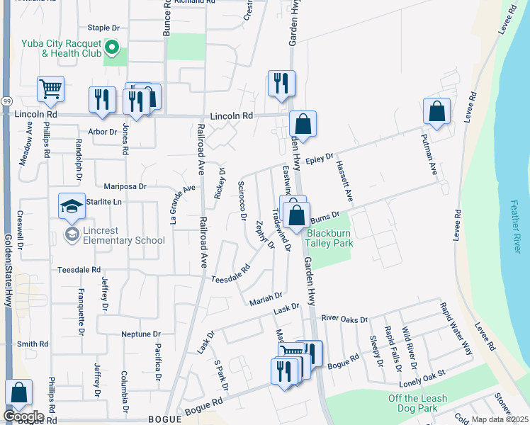 map of restaurants, bars, coffee shops, grocery stores, and more near 1381 Tradewind Drive in Yuba City