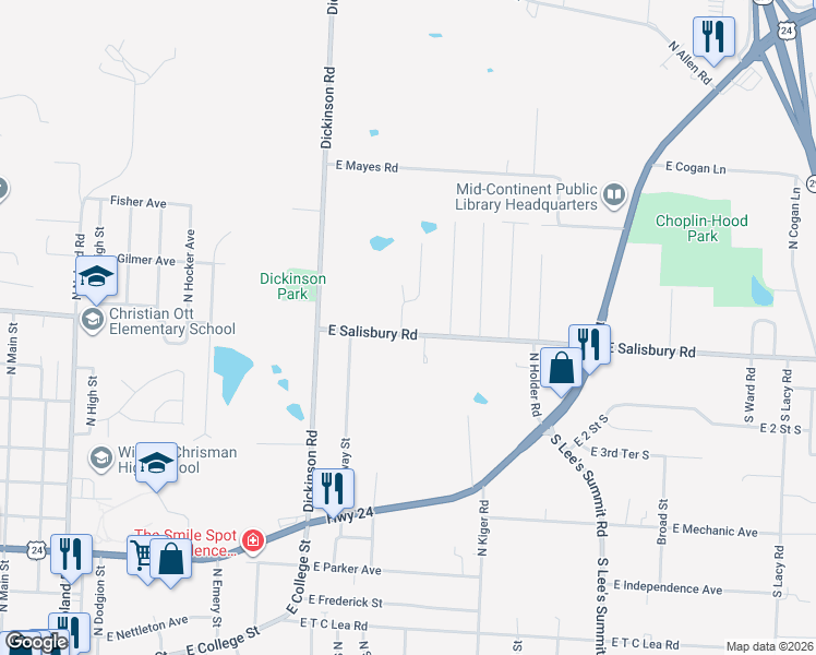 map of restaurants, bars, coffee shops, grocery stores, and more near 1204 East Salisbury Road in Independence