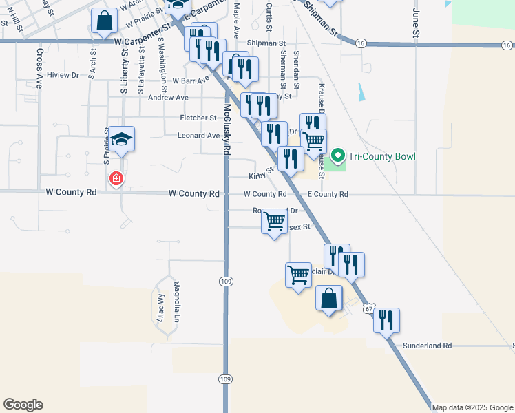 map of restaurants, bars, coffee shops, grocery stores, and more near 117 Rosewood Drive in Jerseyville