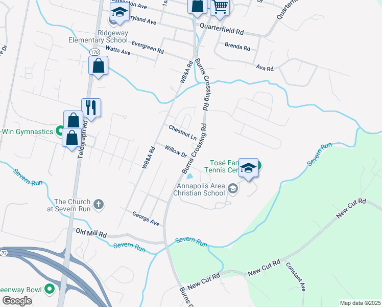 map of restaurants, bars, coffee shops, grocery stores, and more near 78 Burns Crossing Road in Severn