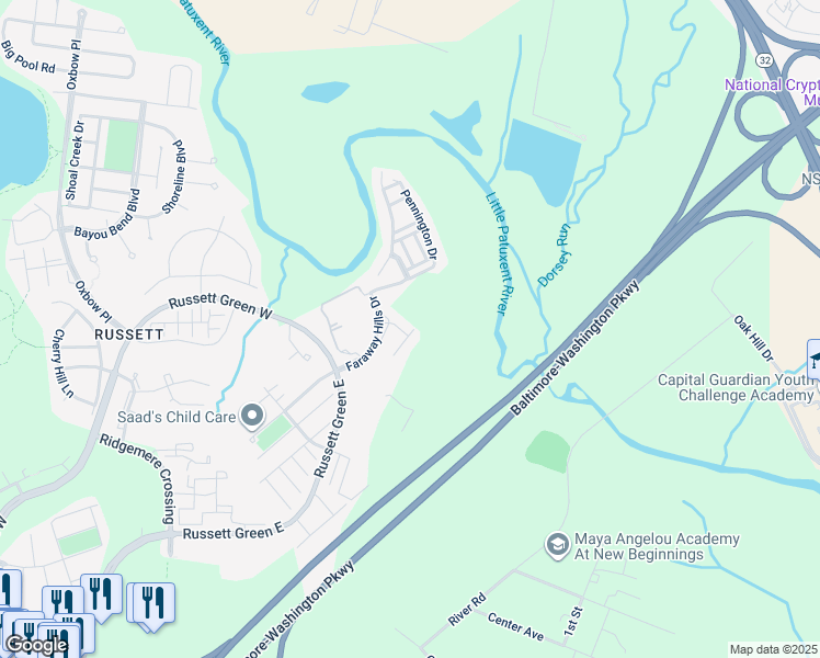 map of restaurants, bars, coffee shops, grocery stores, and more near 8233 Shooting Star Lane in Laurel