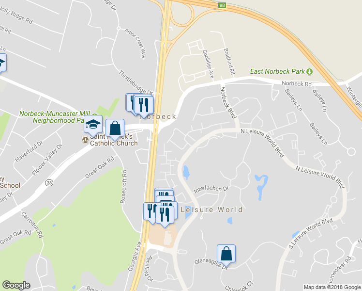 map of restaurants, bars, coffee shops, grocery stores, and more near 15425 Bramblewood Drive in Silver Spring