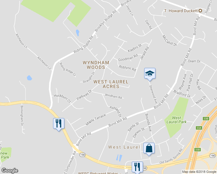 map of restaurants, bars, coffee shops, grocery stores, and more near 6009 Parkway Drive in Laurel