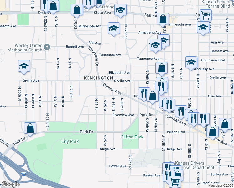 map of restaurants, bars, coffee shops, grocery stores, and more near 2316 Grandview Boulevard in Kansas City
