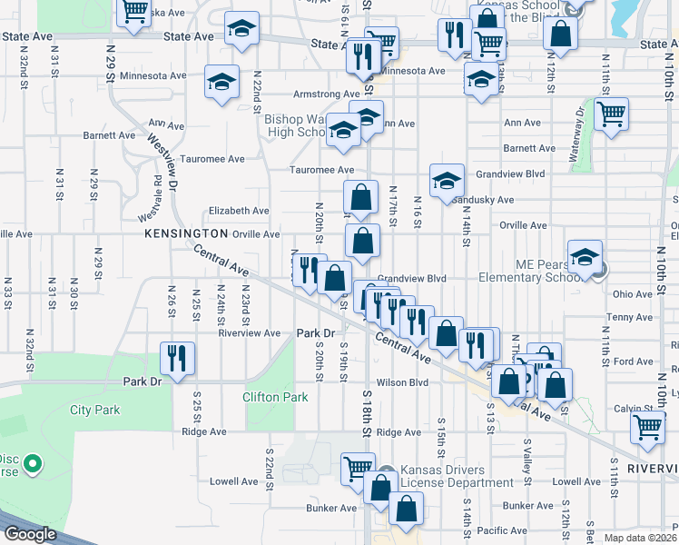 map of restaurants, bars, coffee shops, grocery stores, and more near 1812 Grandview Boulevard in Kansas City