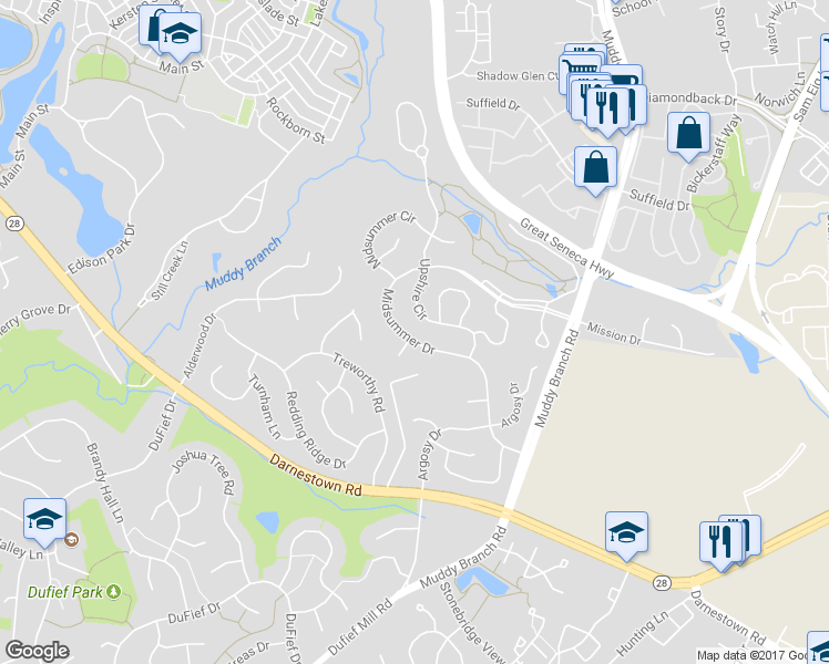 map of restaurants, bars, coffee shops, grocery stores, and more near 318 Midsummer Drive in Gaithersburg