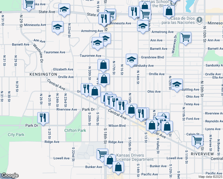 map of restaurants, bars, coffee shops, grocery stores, and more near 300 North 17th Street in Kansas City