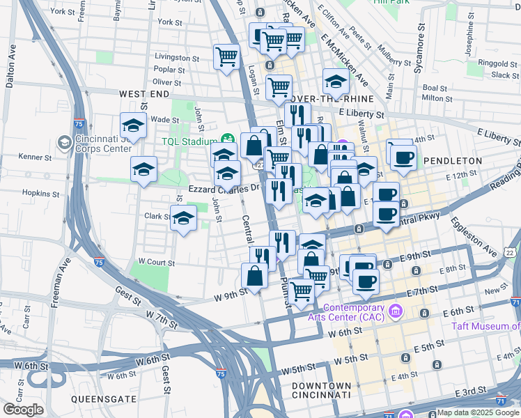 map of restaurants, bars, coffee shops, grocery stores, and more near 1219 West Central Parkway in Cincinnati