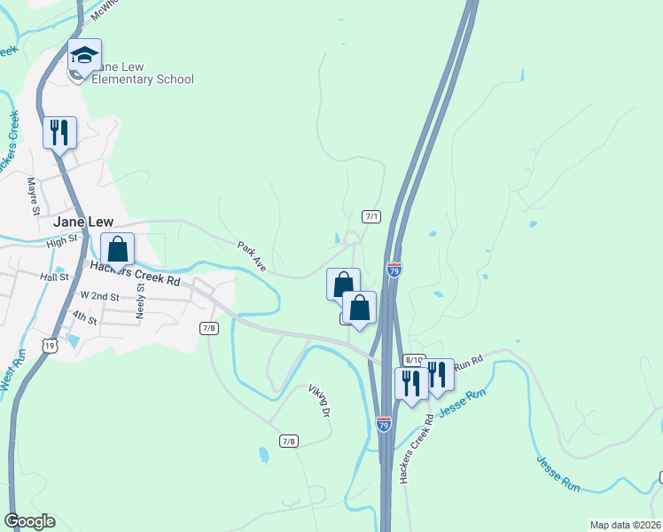 map of restaurants, bars, coffee shops, grocery stores, and more near 193 Court Street in Jane Lew