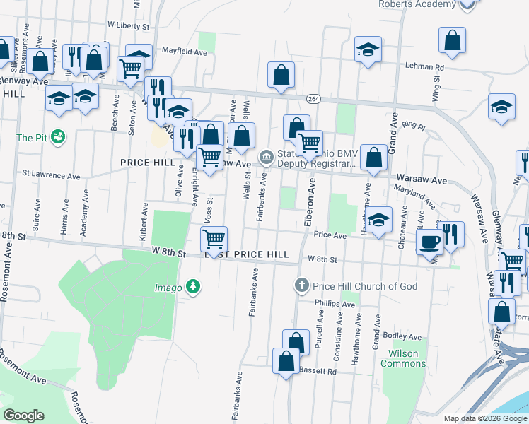map of restaurants, bars, coffee shops, grocery stores, and more near 920 Fairbanks Avenue in Cincinnati