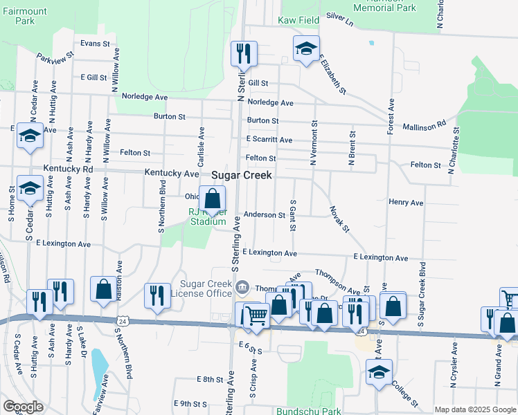 map of restaurants, bars, coffee shops, grocery stores, and more near 11306 Anderson Street in Sugar Creek