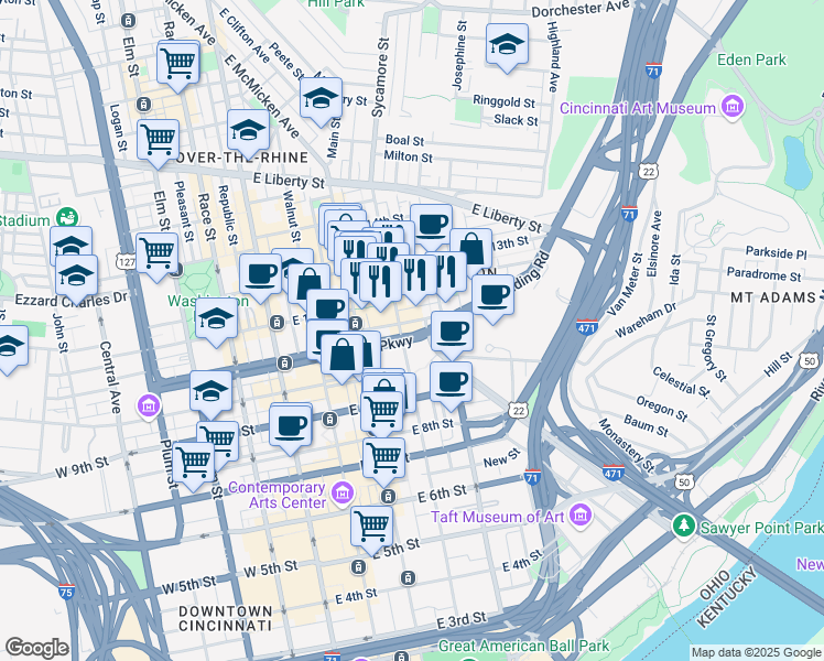map of restaurants, bars, coffee shops, grocery stores, and more near 1102 Sycamore Street in Cincinnati