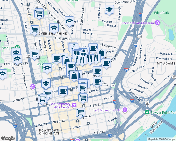 map of restaurants, bars, coffee shops, grocery stores, and more near 1102 Sycamore Street in Cincinnati