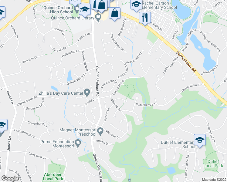 map of restaurants, bars, coffee shops, grocery stores, and more near 15481 Peach Leaf Drive in North Potomac