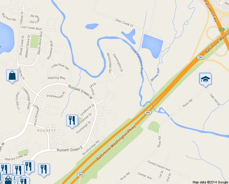 map of restaurants, bars, coffee shops, grocery stores, and more near 8233 Shooting Star Lane in Laurel