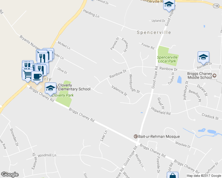 map of restaurants, bars, coffee shops, grocery stores, and more near 15404 Valencia Street in Silver Spring