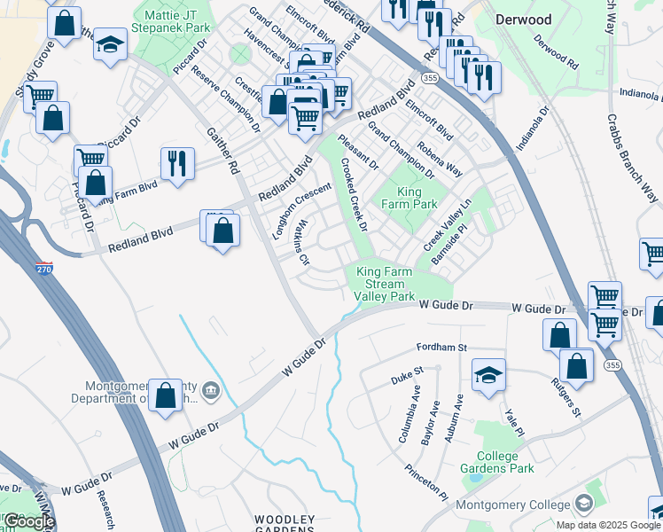 map of restaurants, bars, coffee shops, grocery stores, and more near 312 Watkins Circle in Rockville