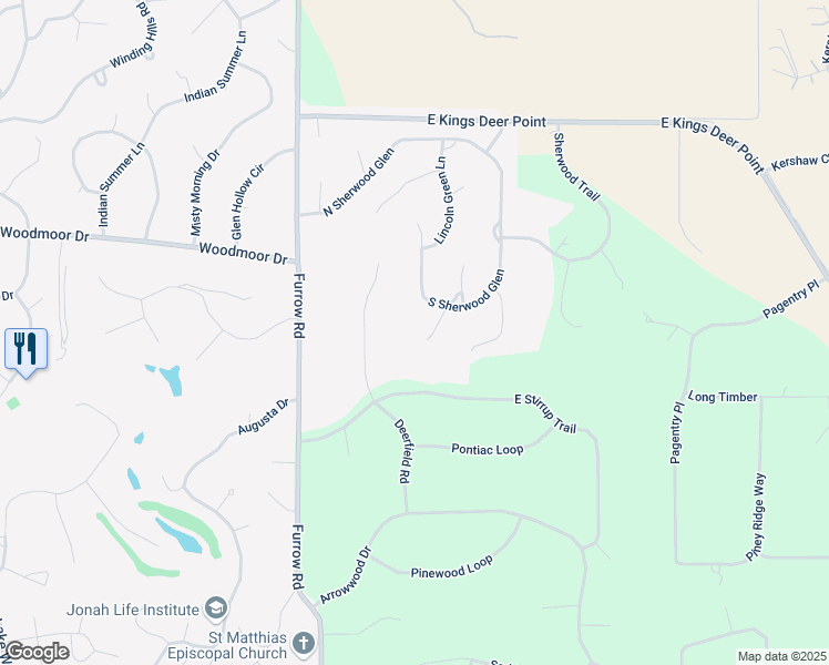map of restaurants, bars, coffee shops, grocery stores, and more near 19050 Royal Archers Lane in Monument