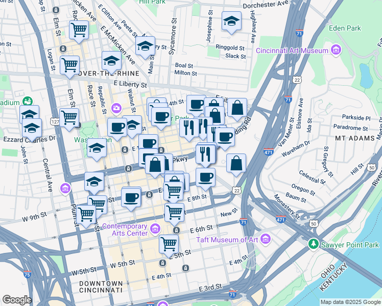 map of restaurants, bars, coffee shops, grocery stores, and more near 315 Reading Road in Cincinnati