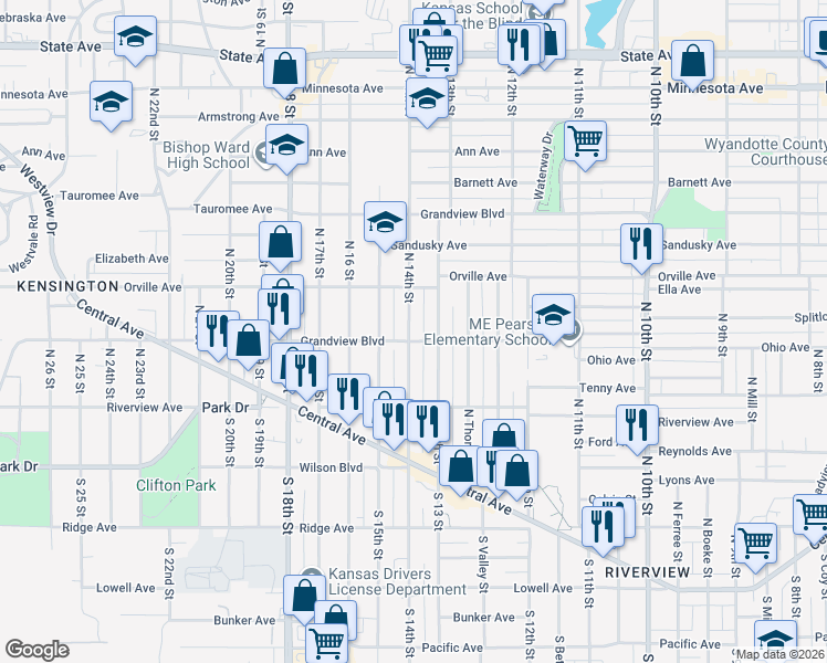 map of restaurants, bars, coffee shops, grocery stores, and more near 304 North 13th Street in Kansas City