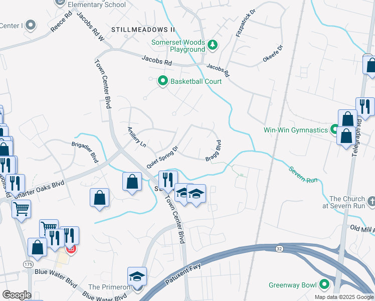 map of restaurants, bars, coffee shops, grocery stores, and more near 1903 Brigade Way in Odenton