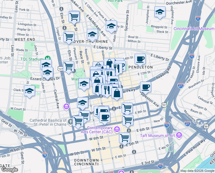 map of restaurants, bars, coffee shops, grocery stores, and more near 1112 Walnut Street in Cincinnati
