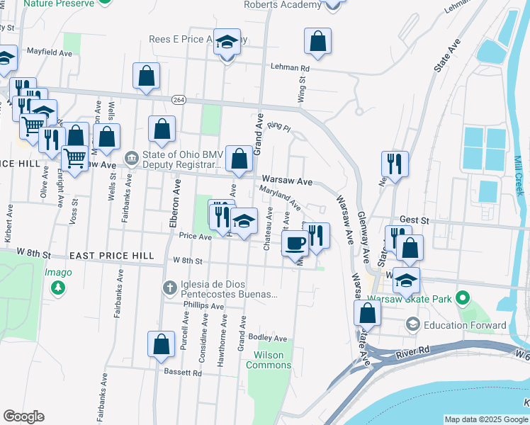 map of restaurants, bars, coffee shops, grocery stores, and more near 934 Chateau Avenue in Cincinnati