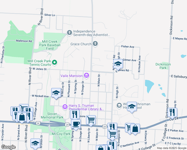 map of restaurants, bars, coffee shops, grocery stores, and more near 1513 North Liberty Street in Independence