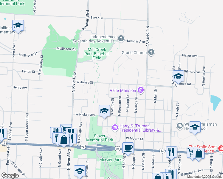 map of restaurants, bars, coffee shops, grocery stores, and more near 1524 North McCoy Street in Independence