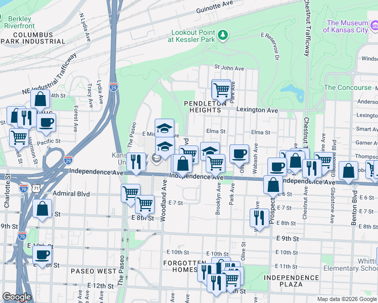 map of restaurants, bars, coffee shops, grocery stores, and more near 427 Maple Boulevard in Kansas City