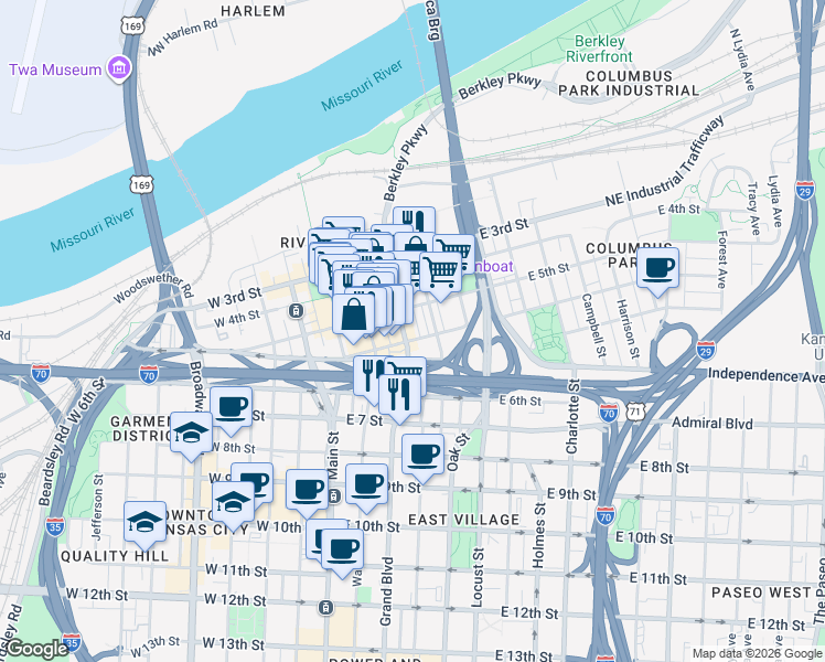 map of restaurants, bars, coffee shops, grocery stores, and more near 310 East Missouri Avenue in Kansas City
