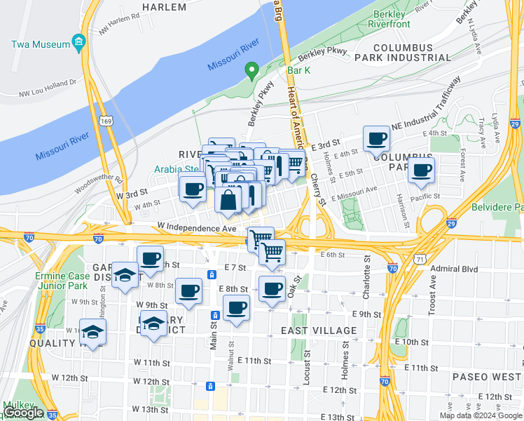 map of restaurants, bars, coffee shops, grocery stores, and more near 310 East Missouri Avenue in Kansas City