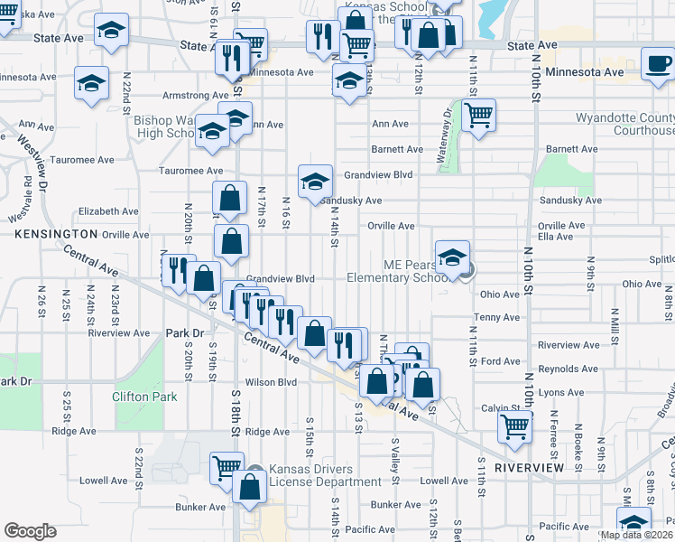 map of restaurants, bars, coffee shops, grocery stores, and more near 304 North 13th Street in Kansas City