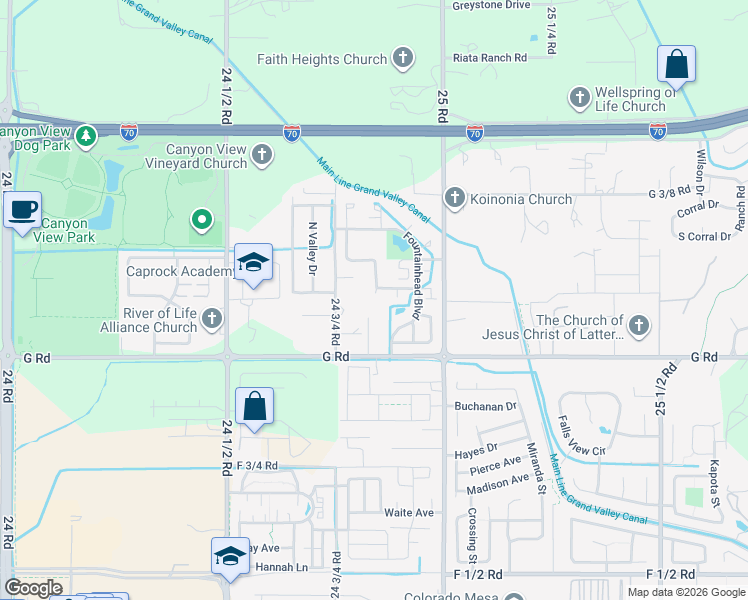 map of restaurants, bars, coffee shops, grocery stores, and more near 711 Lochwood Court in Grand Junction