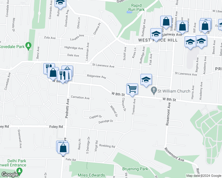 map of restaurants, bars, coffee shops, grocery stores, and more near 4312 West 8th Street in Cincinnati