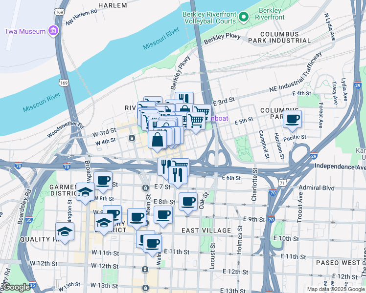 map of restaurants, bars, coffee shops, grocery stores, and more near 310 East Missouri Avenue in Kansas City